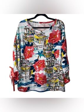 KAKTUS Sketches of Greece Floral Cityscape Top Size Petite M Vacation Tropical